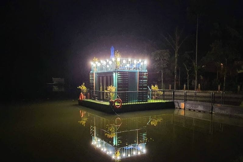 night view of floating glamping house