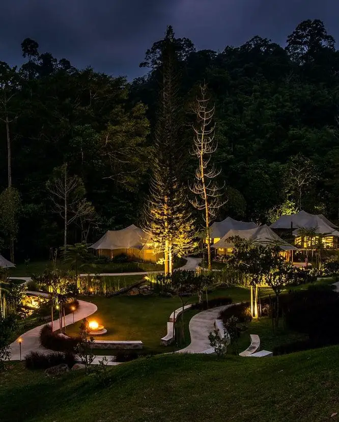 night view of the glamping site at tiarasa escape malaysia