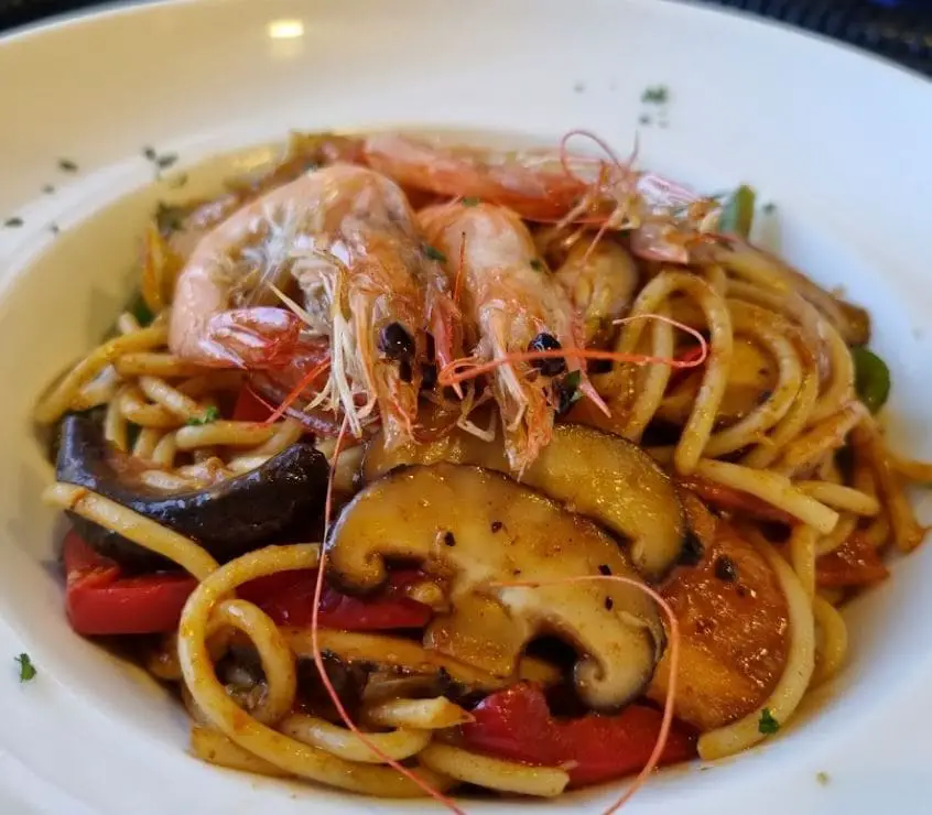 prawn mushroom pasta for breakfast in english coffee house