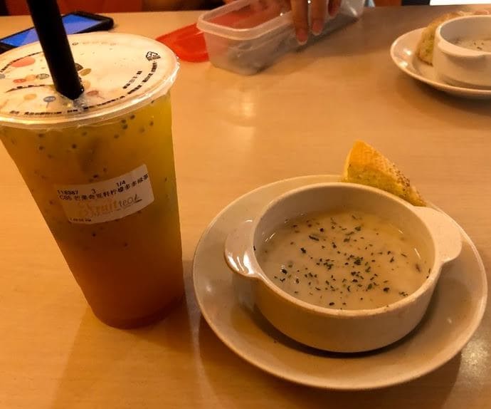 clam chowder and milk tea at lk western and fruit tea cafe penang