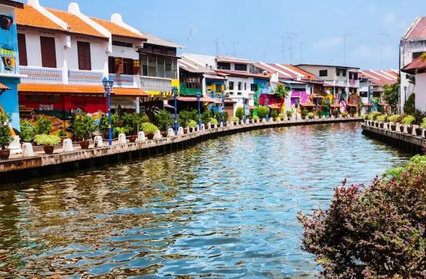 beautiful painted buildings along side malacca river