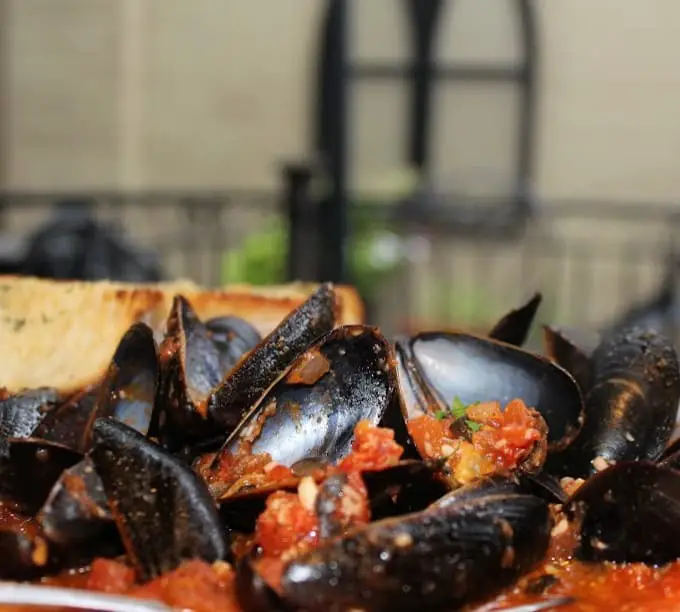 black mussels and bread at Maccheroni Cucina Alfresco