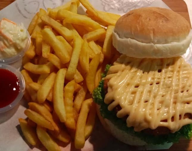 burger and fries of Owl City Cafe melaka
