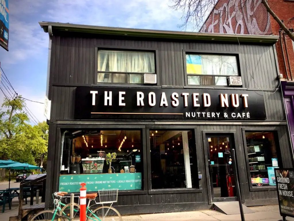 facade of the roasted nut company dog friendly cafe in toronto