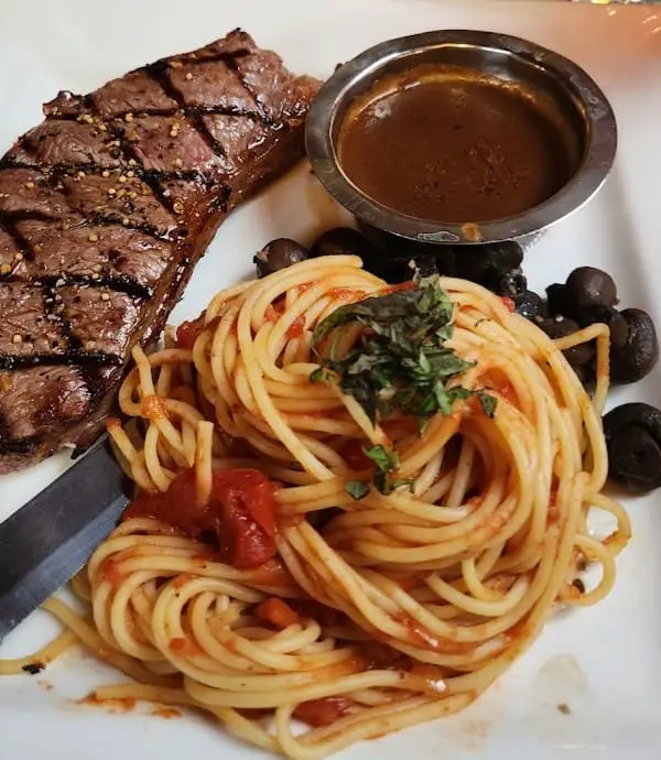 steak and pasta from The Old Spaghetti Factory