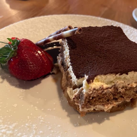 tiramisu cake and strawberry from Piazza Bistro