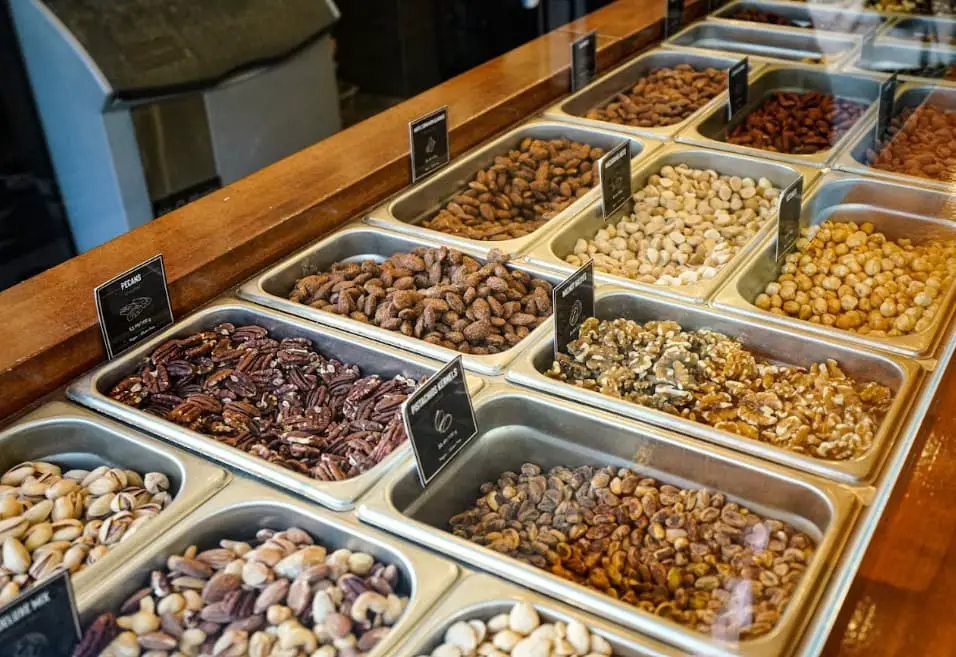 trays of nuts selection at the roasted nut company