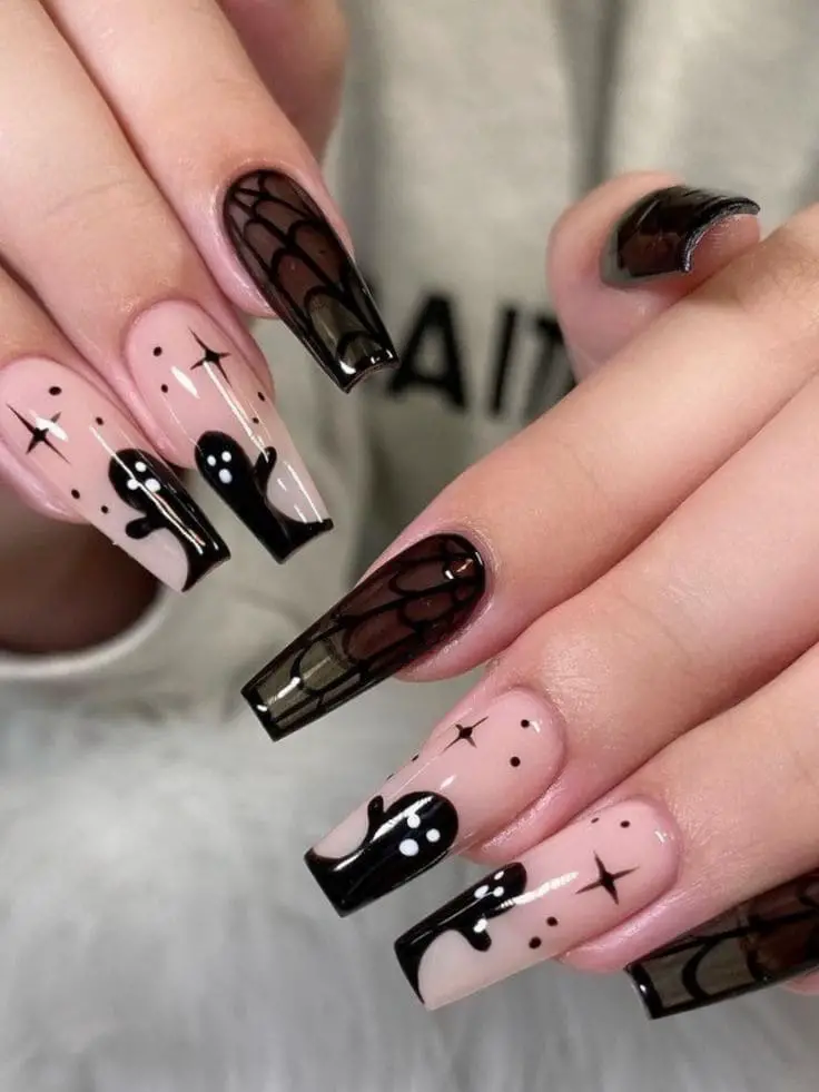 black ghost on pink nails