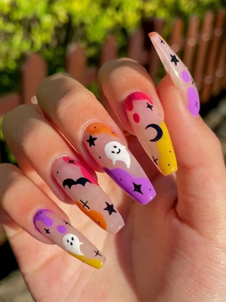 colorful ghost scene nail art