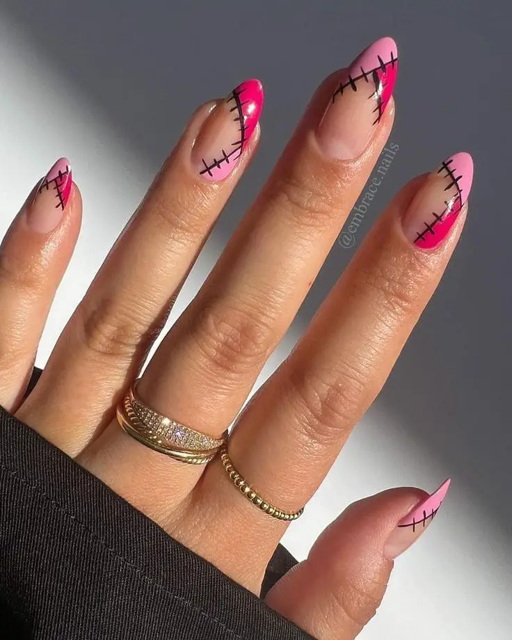 frankenstein stitched pink nails