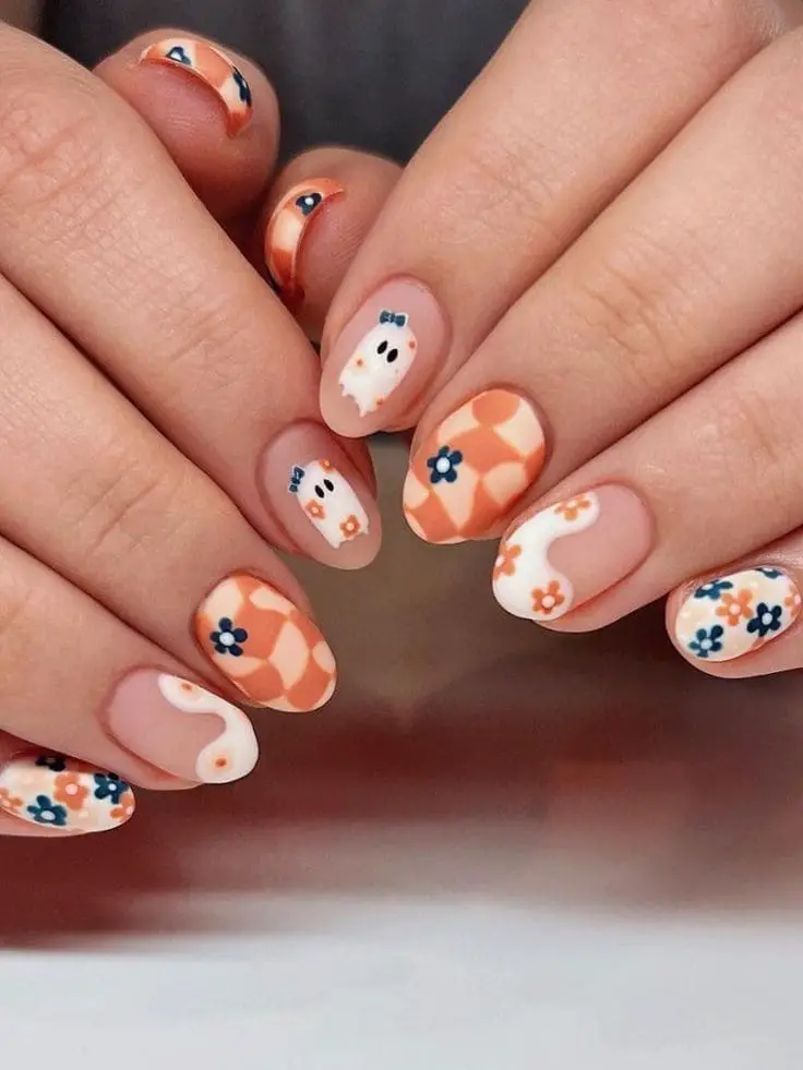 orange and white milky ghost nails