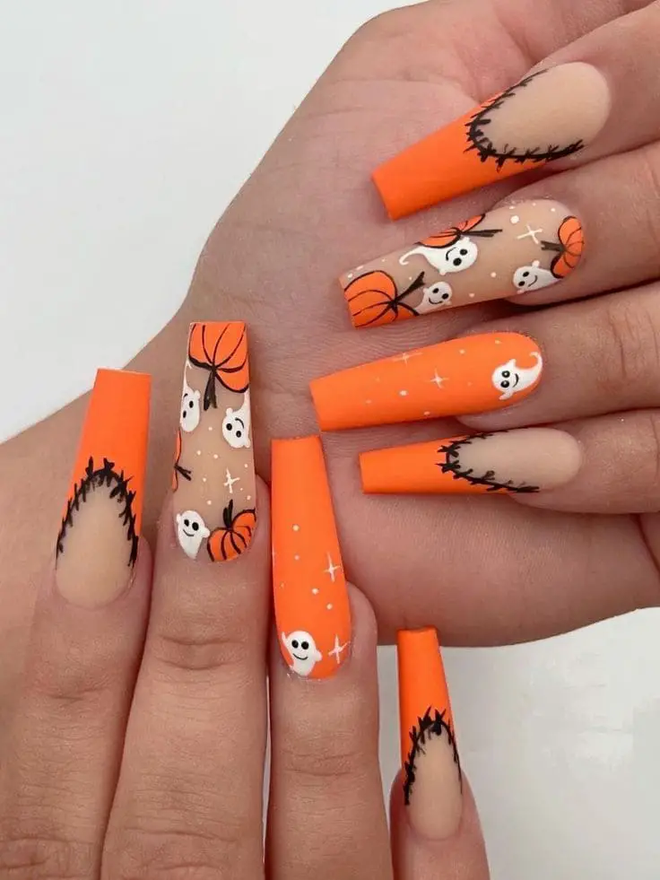 orange ghost and pumpkin halloween nails