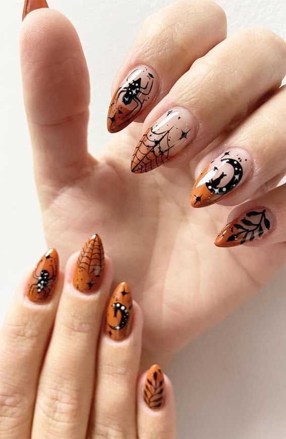 orange halloween scenery nail art