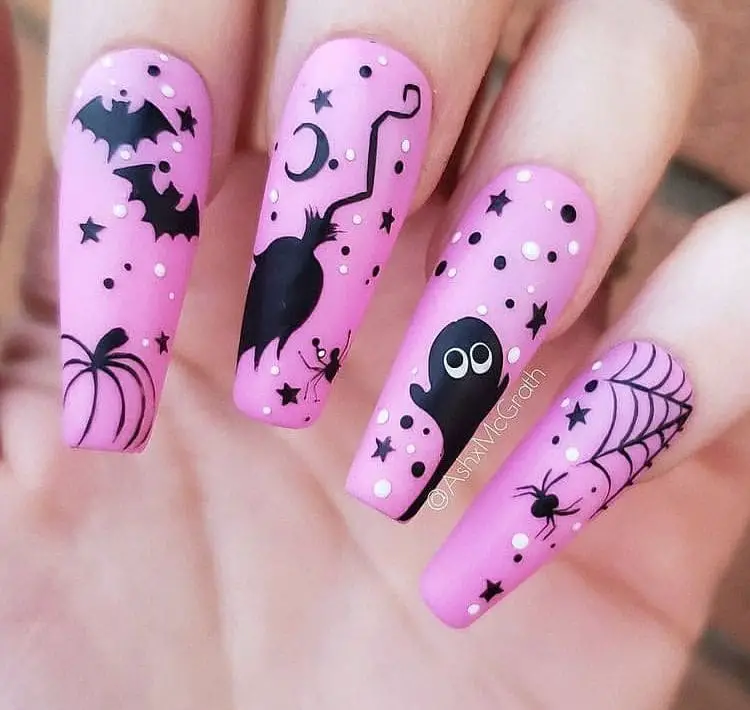 pink peekaboo halloween theme nail