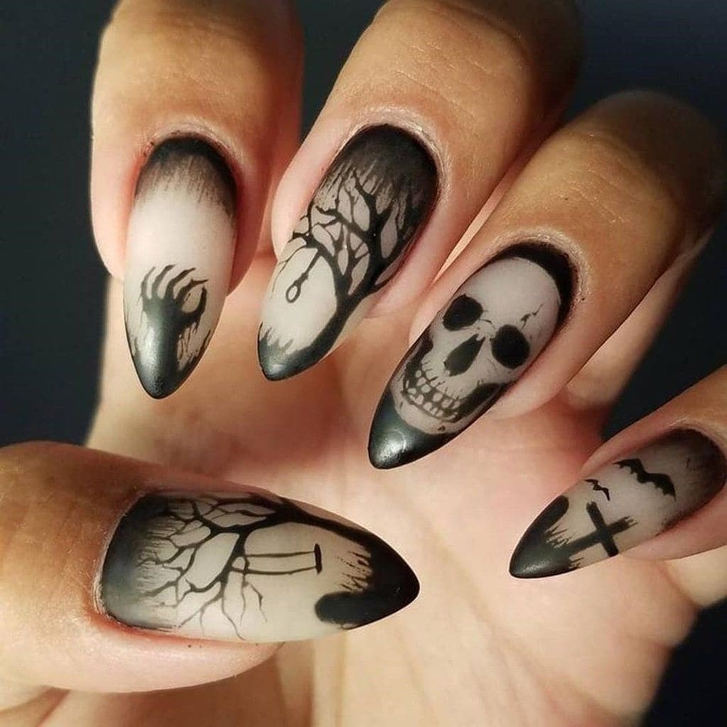 scary horrific skull and scene nail art