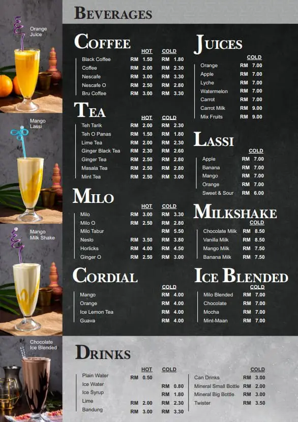 drinks menu of Kapitan Tandoori House